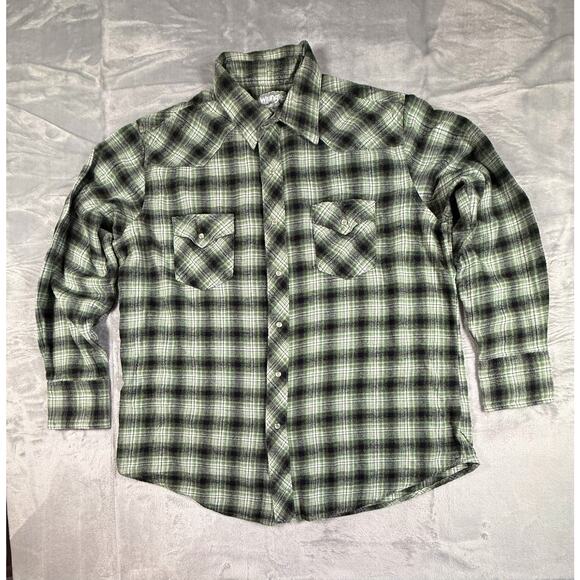 Wrangler Shirt Mens XL Green Black Plaid Pearl Snap Western Flannel Cowboy - Picture 1 of 12